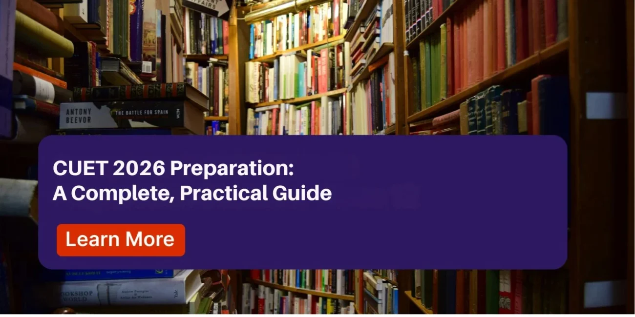 Promotional banner for CUET 2026 exam preparation titled "A Complete Practical Guide," showing study materials and a 2026 calendar.