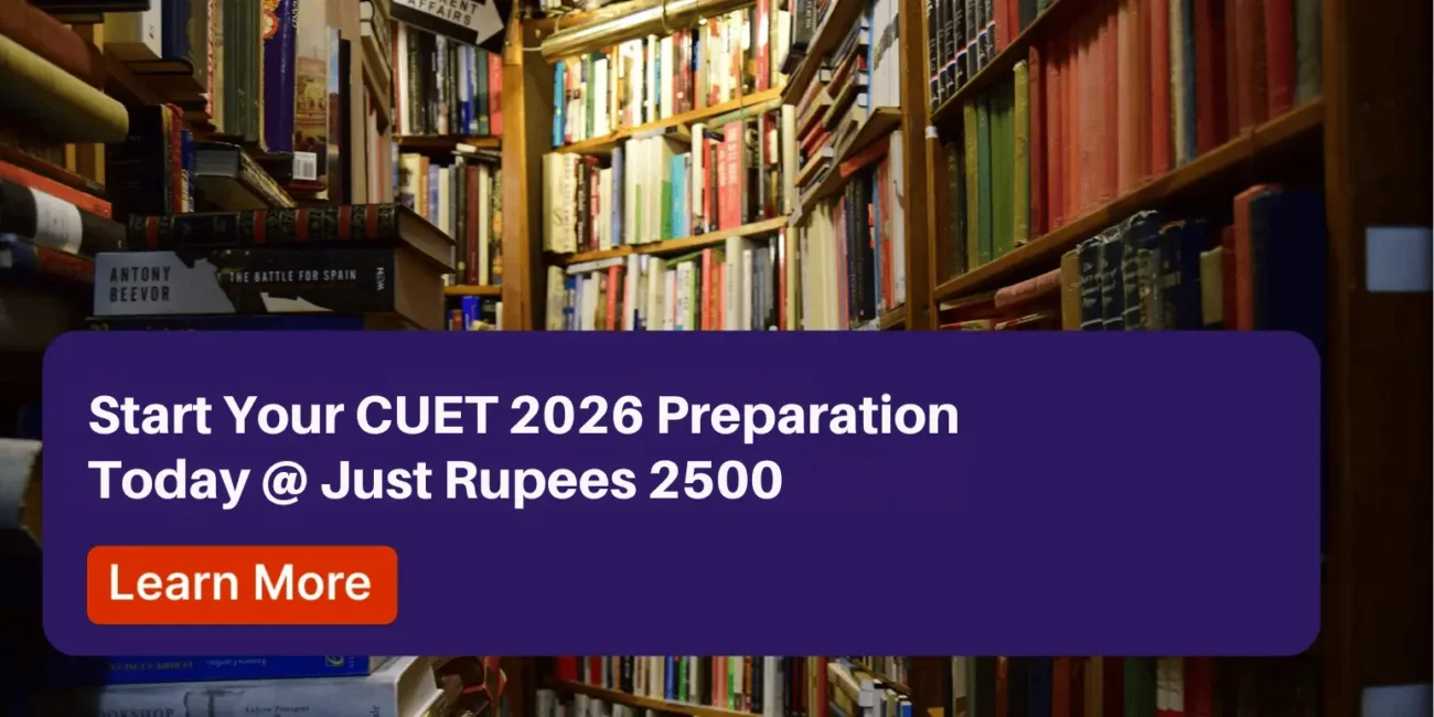 Promotional banner for CUET 2026 preparation course at ₹2500 by the best CUET coaching in Laxmi Nagar, set against a library background.