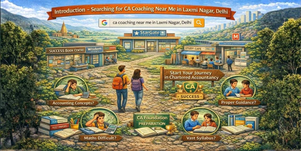 Commerce students searching for CA Coaching Near Me in Laxmi Nagar Delhi walking towards coaching institute for CA Foundation preparation