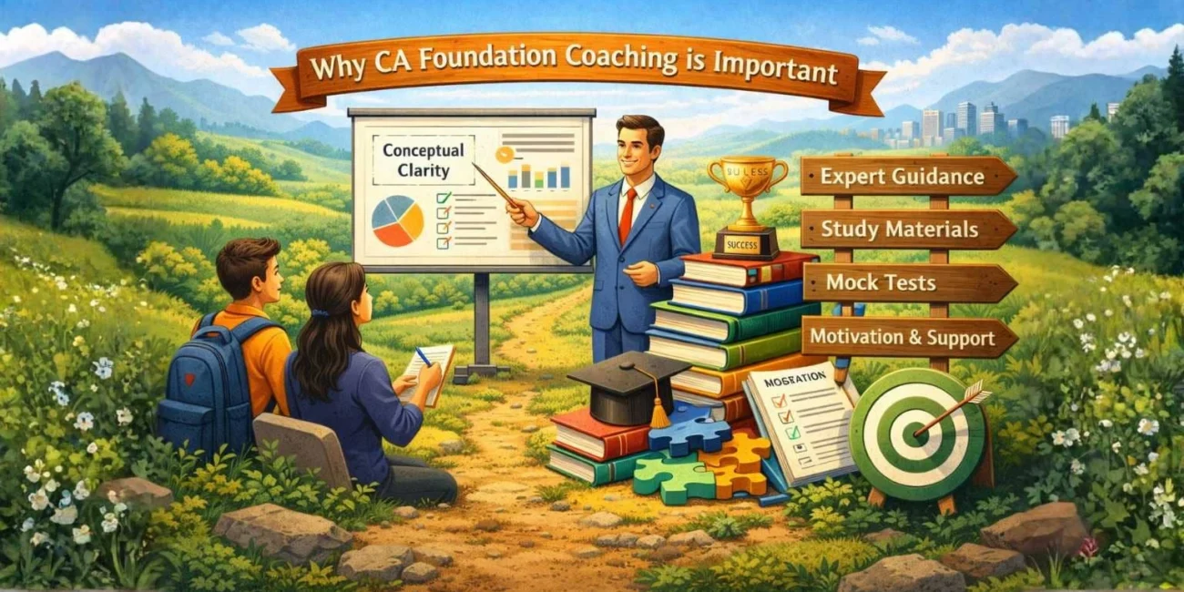 Illustration showing CA Foundation subjects accounting business law business maths logical reasoning at CA Coaching Near Me in Laxmi Nagar Delhi