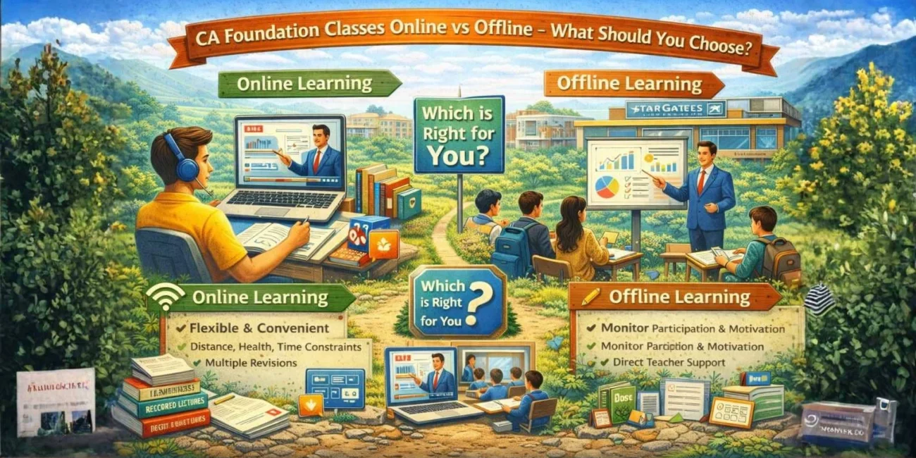 Comparison illustration showing online classes laptop learning and offline classroom coaching at CA Coaching Near Me in Laxmi Nagar Delhi