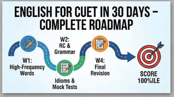 A visual timeline or winding path graphic marked with distinct weekly milestones, key topics (grammar, vocabulary, reading comprehension), and progress markers spanning 30 days.